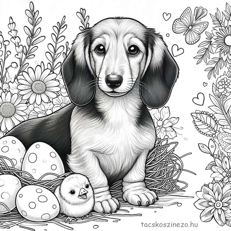 Hosszúszőrű tacskó kölyök húsvéti csibével