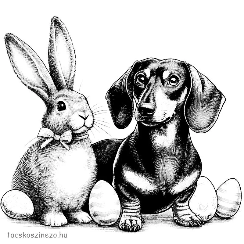 Húsvéti nyuszi színező tacskóval és tojásokkal