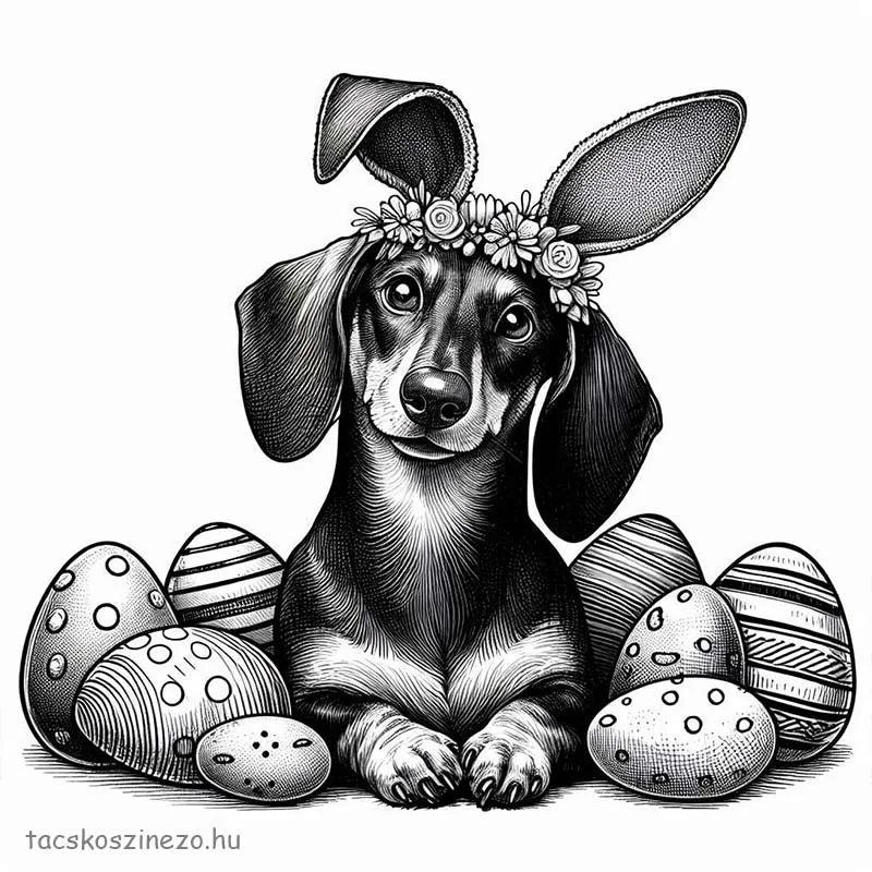 Húsvéti tacskós színező nyuszifüllel és virágokkal a fején