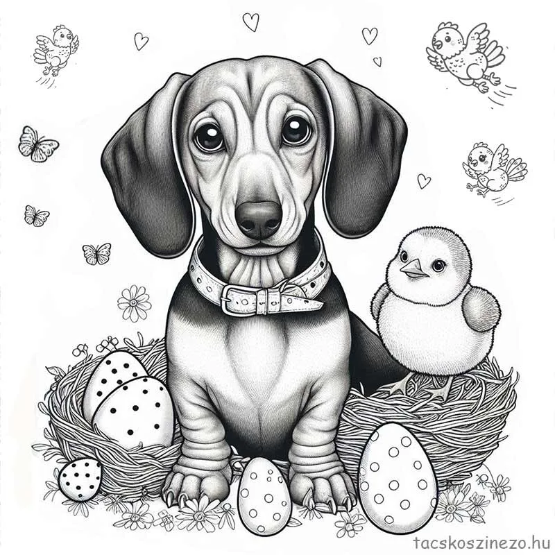 Kölyök tacskó színező húsvéti csibékkel