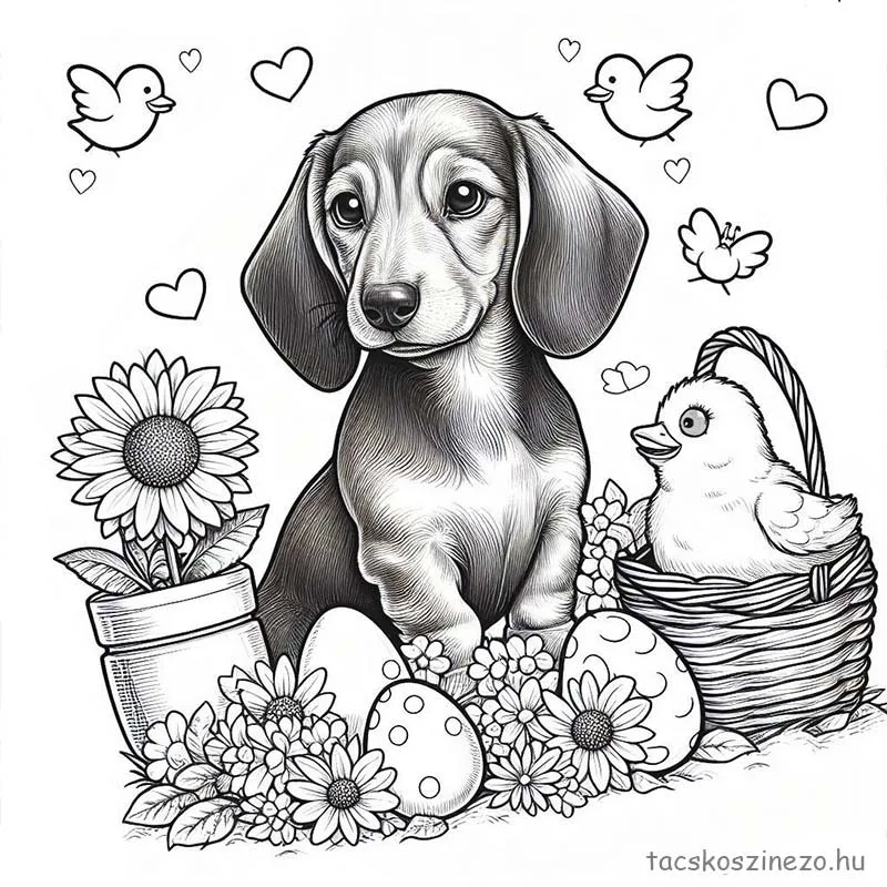 Kölyök tacskó színező húsvéti csibével kosárban tojásokkal