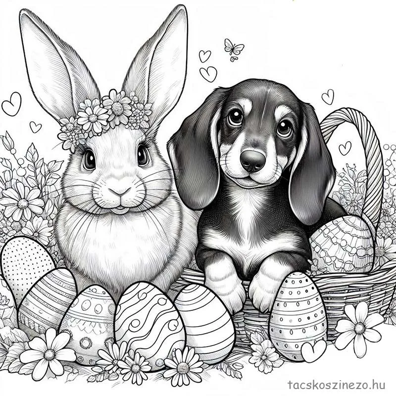 Kölyök tacskó színező húsvéti nyuszival és virágokkal