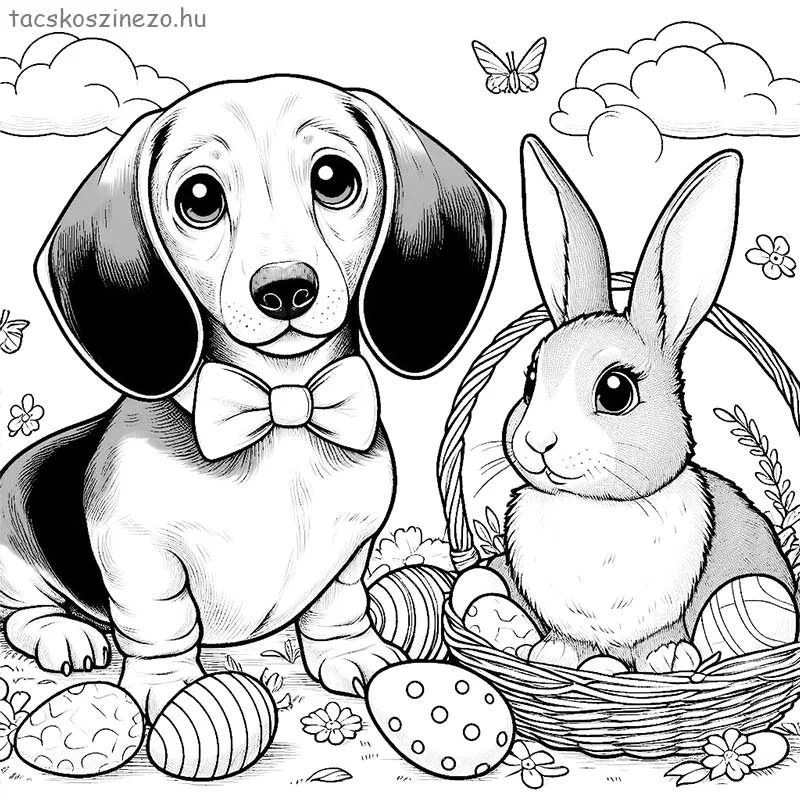 Tacskó kölyök nyakkendőben húsvéti nyuszival színező